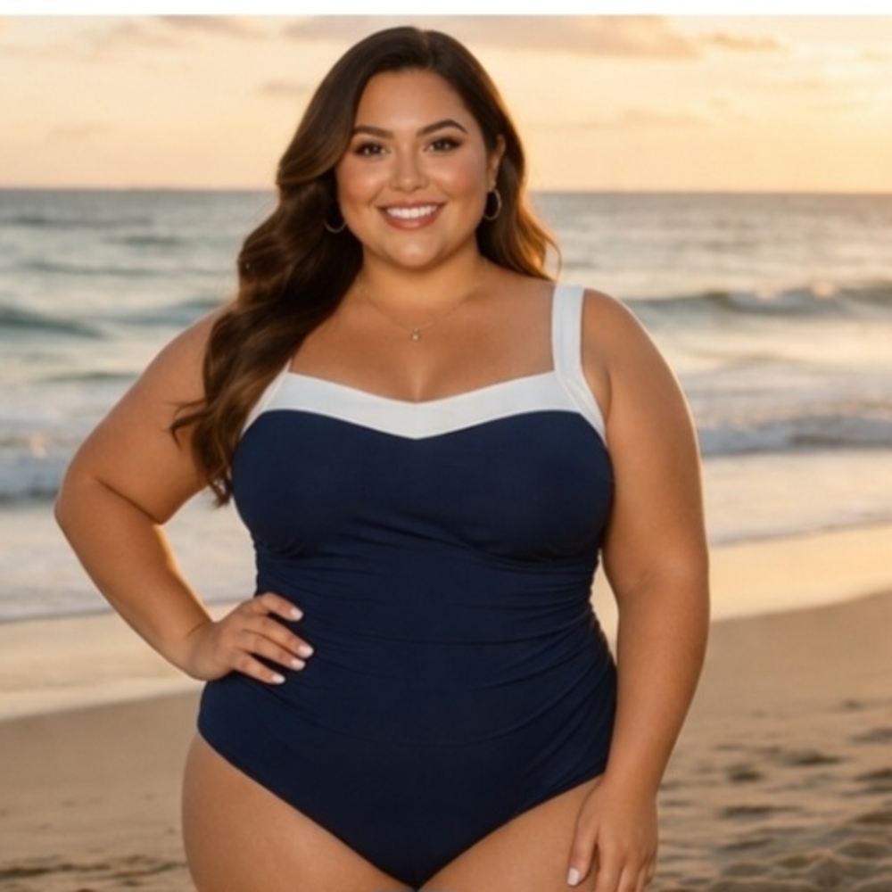 Shade & Shore NWT Navy White Colorblock One Piece Swimsuit XL 16 Square Neck